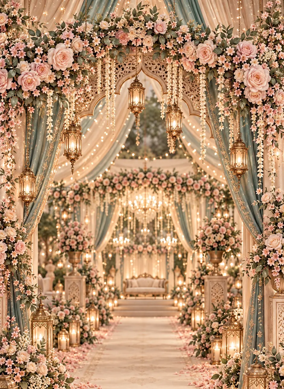 An illustrated wedding aisle lined with lanterns, blush roses and teal drapes leading to a floral stage
