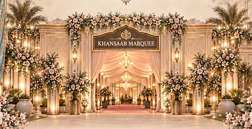 An illustration of the lantern-lit, flower-dressed entrance of Khansaab Marquee